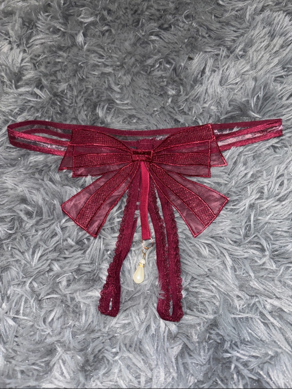 Burgundy Bow crotchless panties with Pearl Charm NEW NWOT. One size
